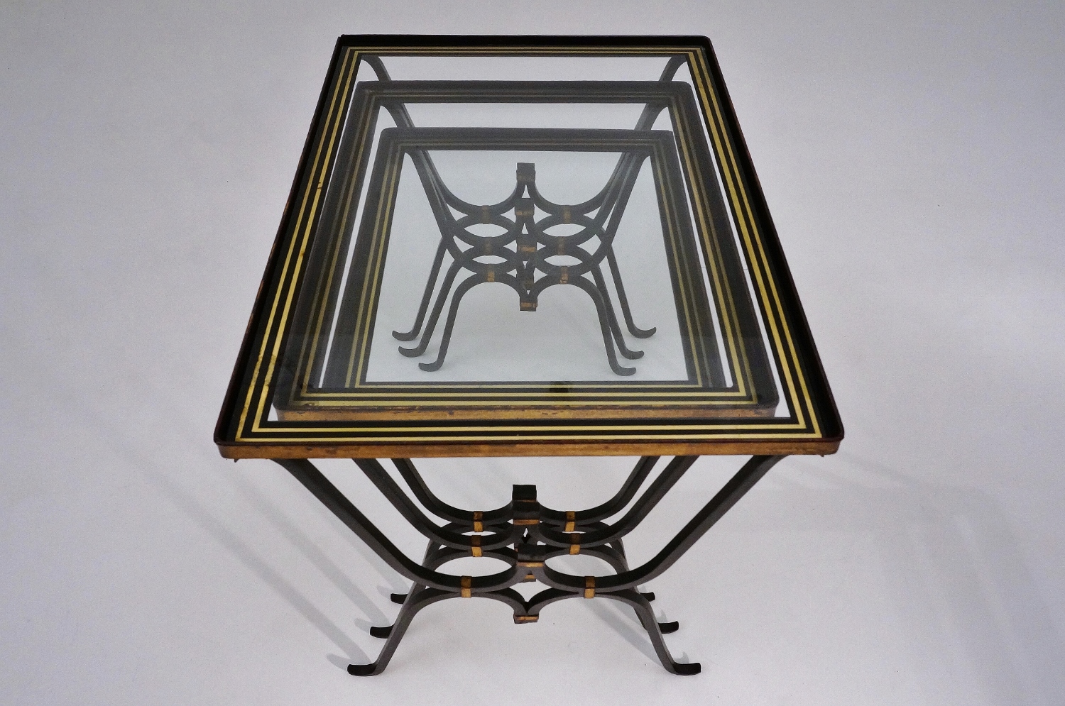 Rene Drouet nesting tables, iron & bronze, 1950`s ca, French in Antique